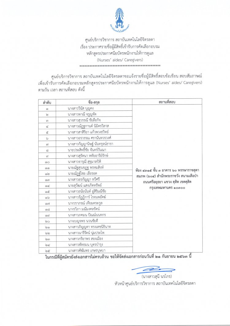ประกาศรายชื่อผู้มีสิทธิ์เข้ารับการคัดเลือกอบรมหลักสูตรประกาศนียบัตรพนักงานให้การดูแล (Nurses’ aides/ Caregivers) — 2 พฤษภาคม 2025 — สถาบันเทคโนโลยีจิตรลดา CDTI