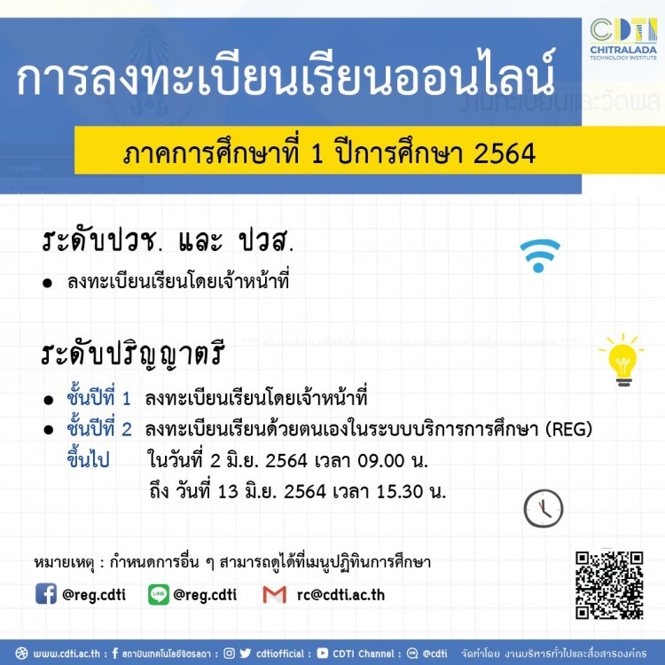 การลงทะเบียนเรียนออนไลน์ ภาคการศึกษาที่ 1 ปีการศึกษา 2564 — 2 พฤษภาคม 2025 — สถาบันเทคโนโลยีจิตรลดา CDTI