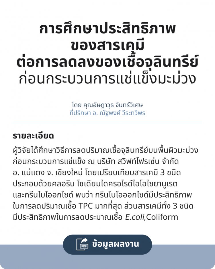 การศึกษาประสิทธิภาพของสารเคมีต่อการลดลงของเชื้อจุลินทรีย์ก่อนกระบวนการแช่แข็งมะม่วง — 2 พฤษภาคม 2025 — สถาบันเทคโนโลยีจิตรลดา CDTI