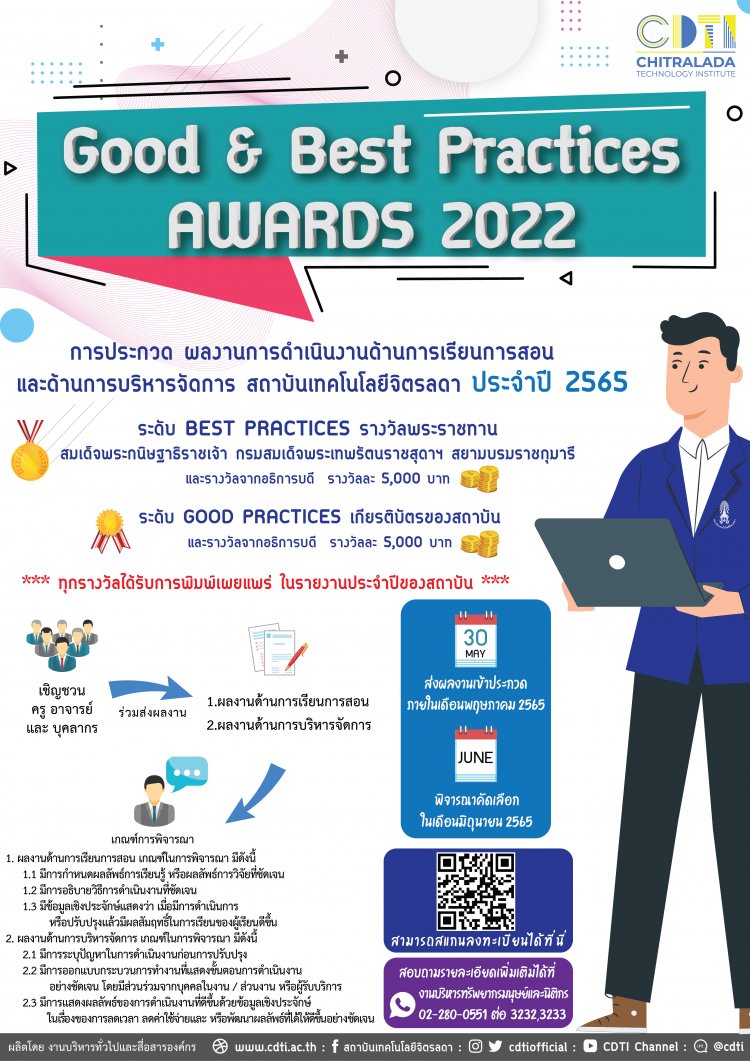 ขอเชิญอาจารย์ ครู และเจ้าหน้าที่สถาบันเทคโนโลยีจิตรลดา ร่วมโครงการ "Good and Best Practices Award 2022" — 3 พฤษภาคม 2025 — สถาบันเทคโนโลยีจิตรลดา CDTI