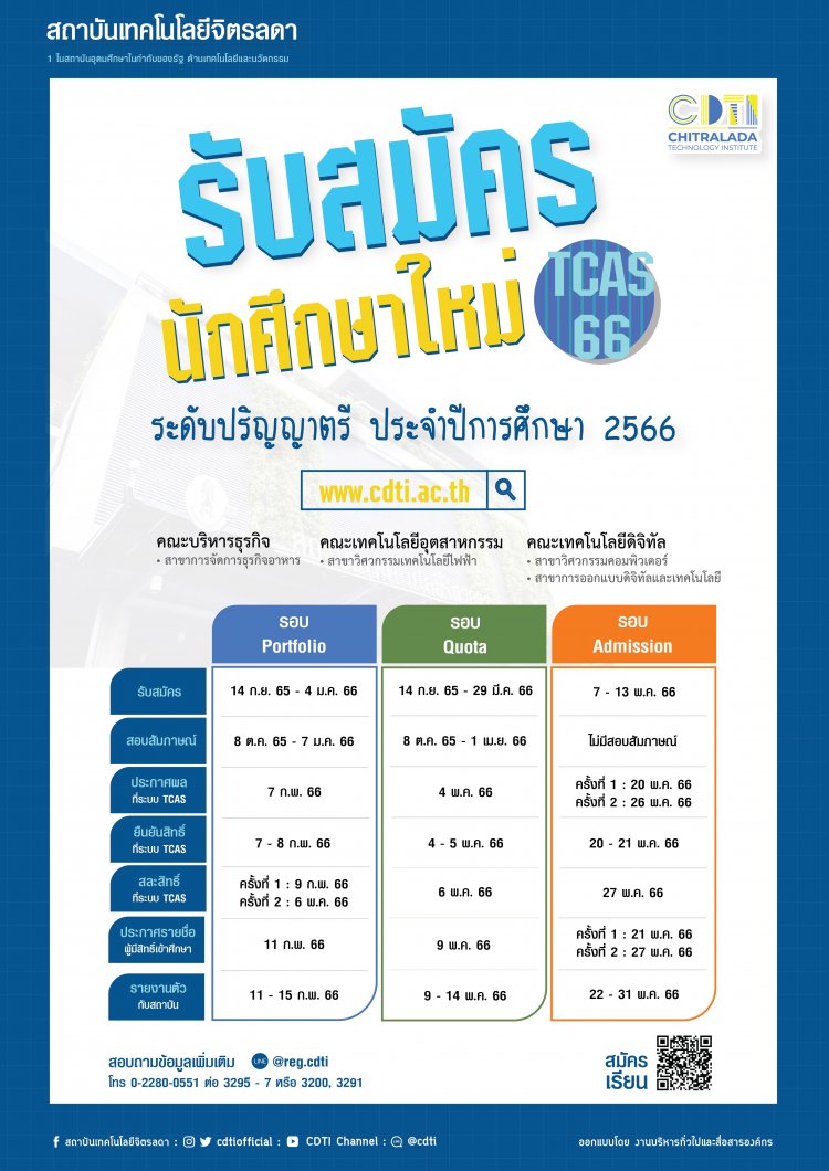 CDTI เปิดรับสมัครนักศึกษาใหม่ ระดับปริญญาตรี ประจำปีการศึกษา 2566 — 2 พฤษภาคม 2025 — สถาบันเทคโนโลยีจิตรลดา CDTI