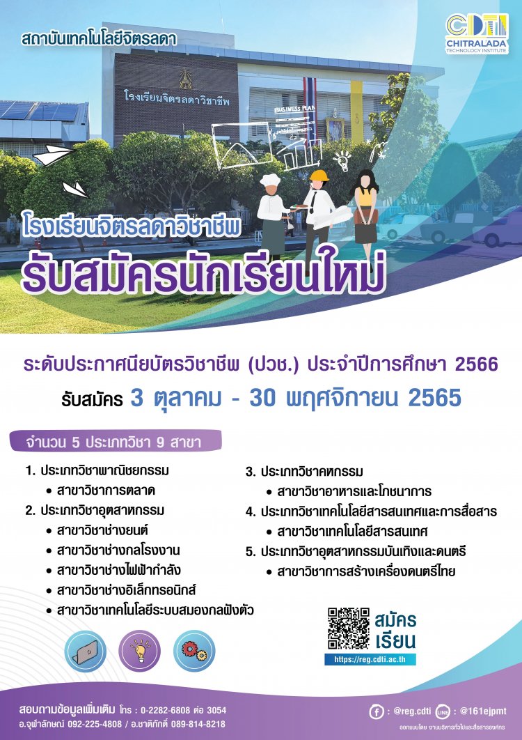 รับสมัครนักเรียนใหม่!! ระดับประกาศนียบัตรวิชาชีพ (ปวช.) ประจำปีการศึกษา 2566 — 2 พฤษภาคม 2025 — สถาบันเทคโนโลยีจิตรลดา CDTI