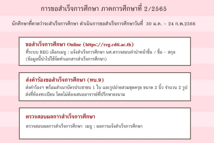 นักศึกษาสถาบันเทคโนโลยีจิตรลดาที่จะสำเร็จการศึกษาในภาคเรียนที่ 2/2565 เข้าระบบเพื่อขอสำเร็จการศึกษาผ่านระบบ REG — 2 พฤษภาคม 2025 — สถาบันเทคโนโลยีจิตรลดา CDTI
