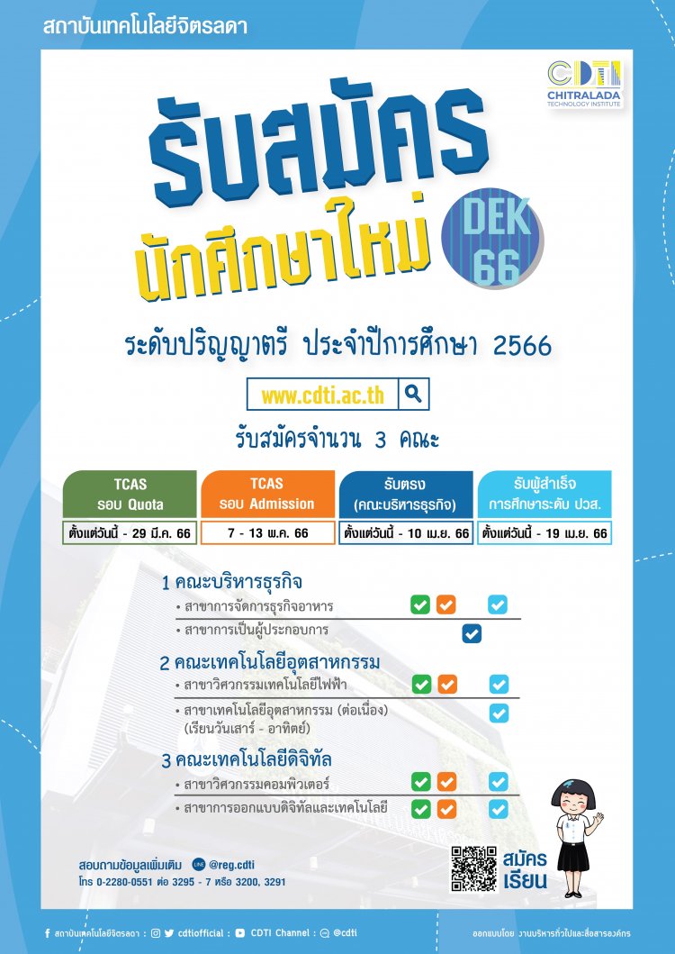 สถาบันเทคโนโลยีจิตรลดา เปิดรับสมัครนักศึกษาใหม่ ประจำปีการศึกษา 2566 แล้ววันนี้ — 2 พฤษภาคม 2025 — สถาบันเทคโนโลยีจิตรลดา CDTI