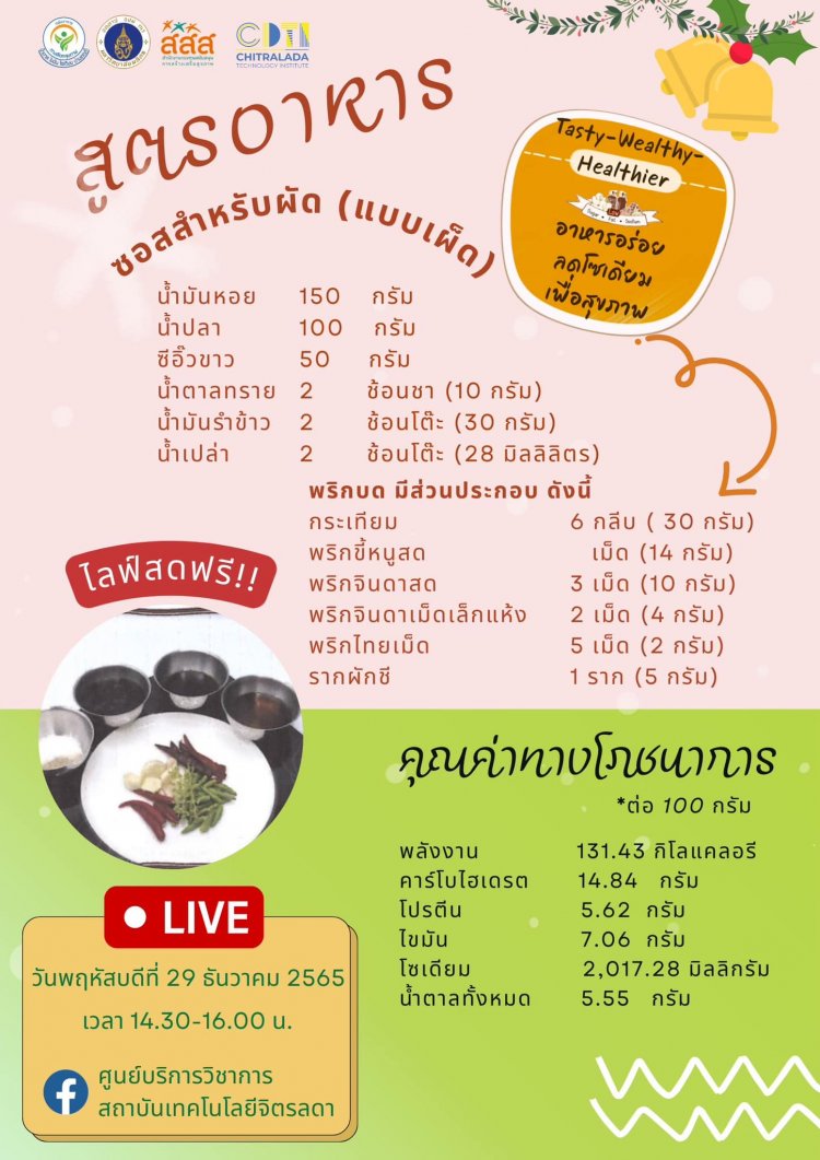 พบกับไลฟ์สดสอนอาหารฟรี!! ในรายการ “อาหารอร่อยลดโซเดียมเพื่อสุขภาพ Tasty-Wealthy- Healthier” — 2 พฤษภาคม 2025 — สถาบันเทคโนโลยีจิตรลดา CDTI