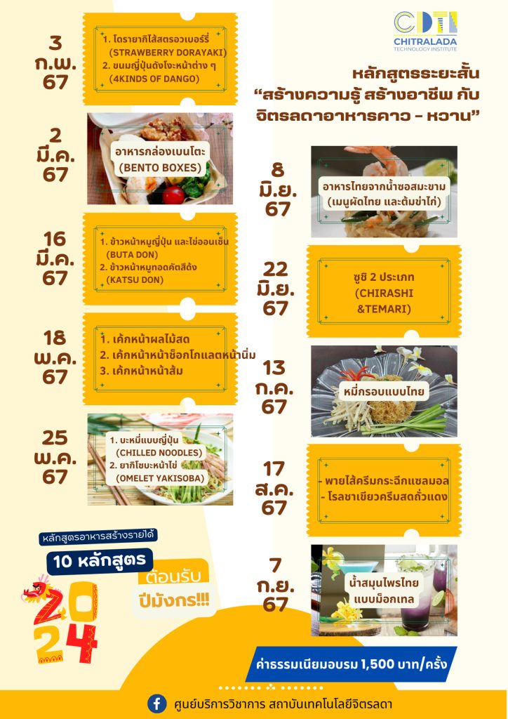 ขอเชิญเข้าร่วมอบรมหลักสูตรระยะสั้น ครั้งที่ 1 กับ 2 เมนูอาหารว่างสไตล์ญี่ปุ่น โดรายากิไส้สตรอวเบอร์รี่ และ ขนมญี่ปุ่นดังโงะหน้าต่าง ๆ — 2 พฤษภาคม 2025 — สถาบันเทคโนโลยีจิตรลดา CDTI
