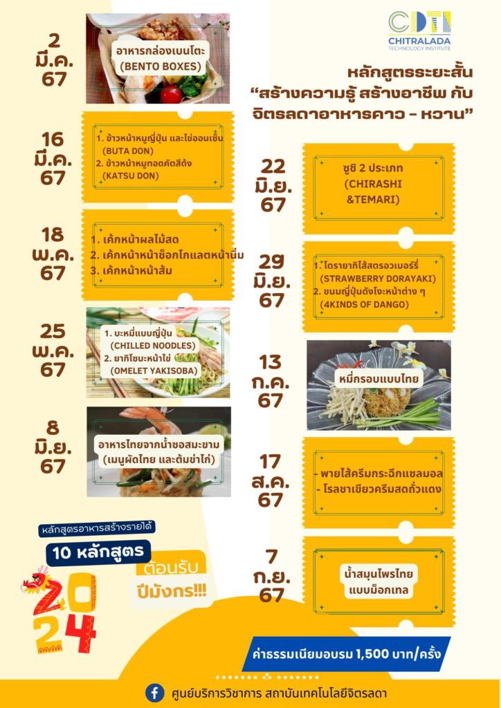 ขอเชิญเข้าร่วมอบรมหลักสูตรระยะสั้น “สร้างความรู้ สร้างอาชีพ กับจิตรลดาอาหารคาว – หวาน” — 1 พฤษภาคม 2025 — สถาบันเทคโนโลยีจิตรลดา CDTI