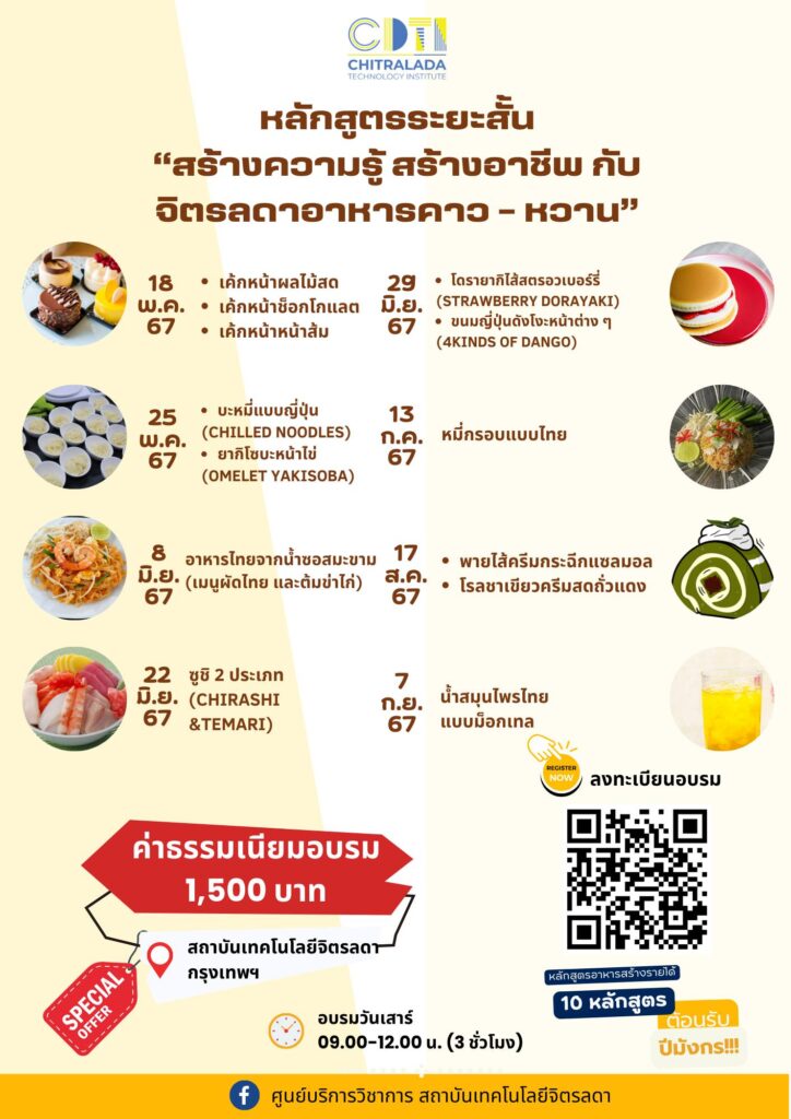 ศูนย์บริการวิชาการ เปิดอบรมหลักสูตรระยะสั้น เมนู 1.เค้กหน้าผลไม้สด 2.เค้กหน้าหน้าช็อกโกแลตหน้านิ่ม 3.เค้กหน้าหน้าส้ม — 2 พฤษภาคม 2025 — สถาบันเทคโนโลยีจิตรลดา CDTI