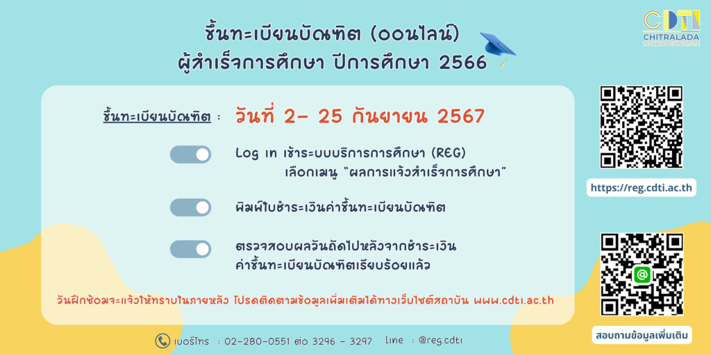 กำหนดการพิธีพระราชทานปริญญาบัตร แก่ผู้สำเร็จการศึกษา ปีการศึกษา 2566 — 2 พฤษภาคม 2025 — สถาบันเทคโนโลยีจิตรลดา CDTI