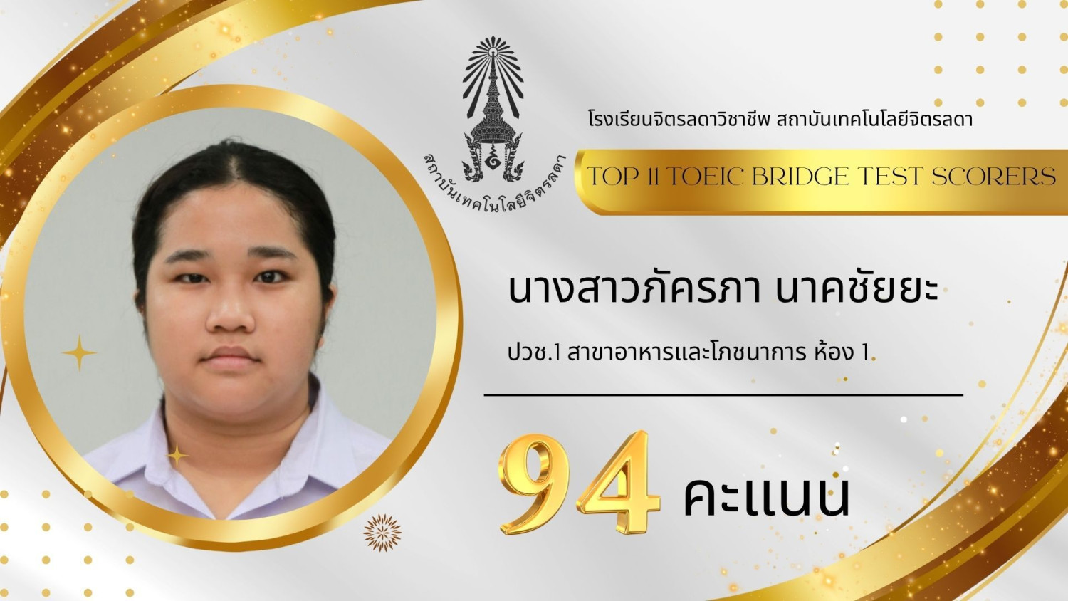สจด. ขอแสดงความยินดีกับผลการสอบการวัดความรู้ภาษาอังกฤษ TOEIC Bridge ประจำปีการศึกษา 2568 — 28 พฤศจิกายน 2025 — สถาบันเทคโนโลยีจิตรลดา CDTI