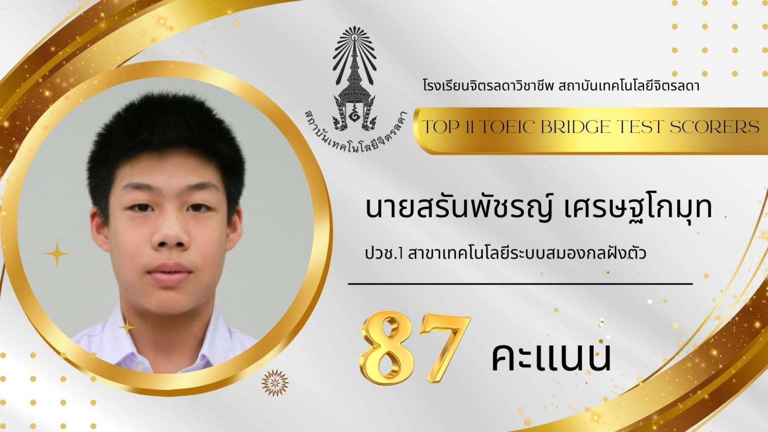 สจด. ขอแสดงความยินดีกับผลการสอบการวัดความรู้ภาษาอังกฤษ TOEIC Bridge ประจำปีการศึกษา 2568 — 28 พฤศจิกายน 2025 — สถาบันเทคโนโลยีจิตรลดา CDTI