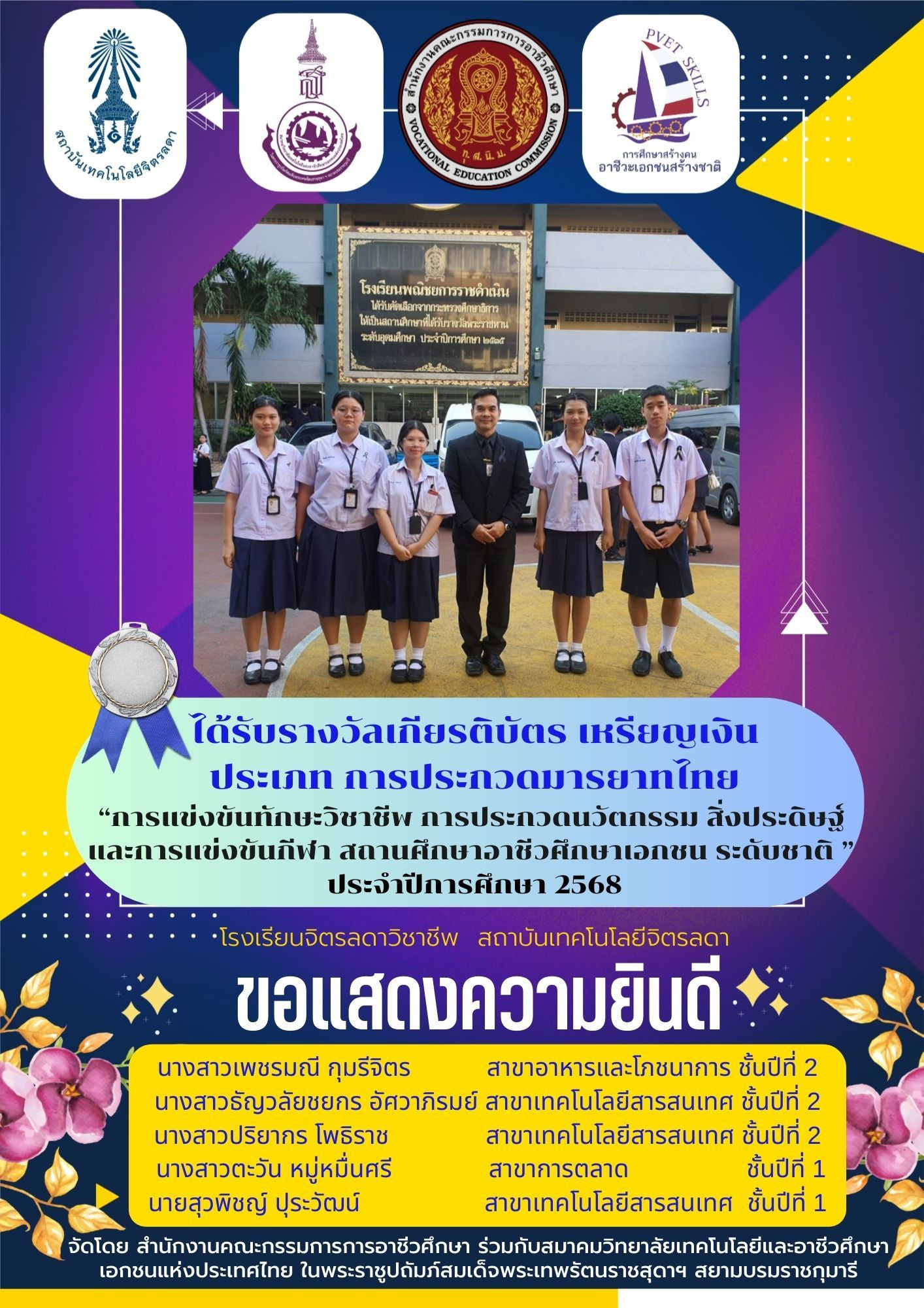 สจด. ขอแสดงความยินดีกับนักเรียน นักศึกษาได้รับรางวัลการแข่งขันทักษะวิชาชีพ การประกวดนวัตกรรมและสิ่งประดิษฐ์และกีฬา สถานศึกษาอาชีวศึกษาเอกชน ระดับชาติ ปีการศึกษา 2568 &mdash; 26 กุมภาพันธ์ 2026 &mdash; สถาบันเทคโนโลยีจิตรลดา CDTI