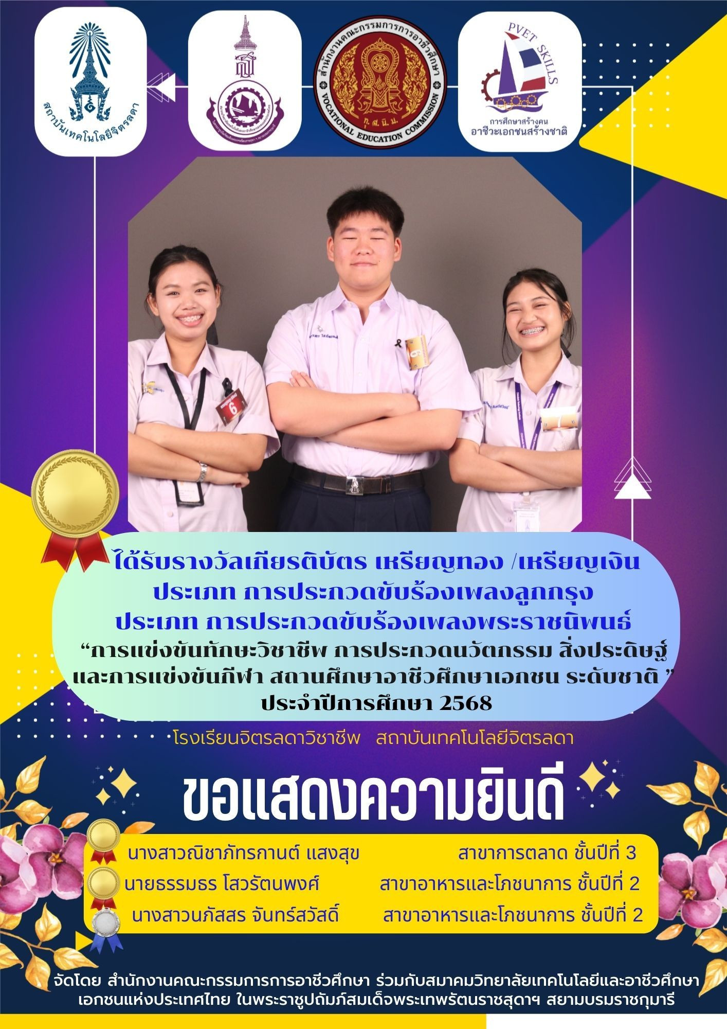 สจด. ขอแสดงความยินดีกับนักเรียน นักศึกษาได้รับรางวัลการแข่งขันทักษะวิชาชีพ การประกวดนวัตกรรมและสิ่งประดิษฐ์และกีฬา สถานศึกษาอาชีวศึกษาเอกชน ระดับชาติ ปีการศึกษา 2568 &mdash; 26 กุมภาพันธ์ 2026 &mdash; สถาบันเทคโนโลยีจิตรลดา CDTI