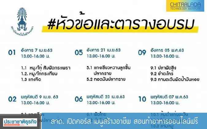 ประชาชาติธุรกิจออนไลน์ สจด. เปิดคอร์ส เมนูสร้างอาชีพ สอนทำอาหารออนไลน์ฟรี — 20 พฤษภาคม 2025 — สถาบันเทคโนโลยีจิตรลดา CDTI